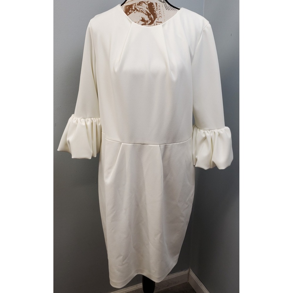 Betsy & Adam Crepe Sheath Dress Women 18 White Lined Ruffle Bell Sleeve Back Zip